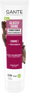 Sante Glossy Shine Hoitoaine; tuubi koivulla ja provitamiini B5:llä rikastettua hoitoainetta, merkitty mattahiuksille; vegaaninen pakkaus sisältää ekosertifiointeja ja tekstiä sekä saksaksi että englanniksi; pakkaus on valkoinen muovituubi mattapinnalla, vihrein korostein ja mustalla groteskikirjasimella; kuvattu pystyssä vaalealla taustalla tasaisessa valaistuksessa, ei ihmisiä tai käsiä näkyvissä.