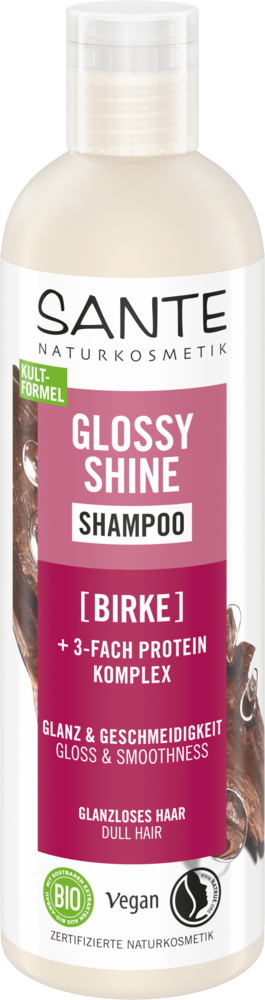 Sante Glossy Shine Shampoo; pullo shampoota mattahiuksille, rikastettu koivulla ja kolminkertaisella proteiinikompleksilla; pullo on sylinterinmuotoinen muovia, valkoinen kiiltäväpinnalla, läppäkorkillinen; etuetiketissä lihavoitua groteskitekstiä mustana ja kultaisena; etiketissä mainitaan kiilto, sileys, luomusertifiointi, sertifioitu luonnonkosmetiikka ja vegaaniset ainesosat; tausta yksivärinen, ei ihmisiä näkyvissä, tuote keskitettynä kuvaan.