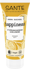 Sante Happiness Suihkugeeli; tuubi Sante Aroma Duschgel happiness -suihkugeeliä appelsiiniviipalein etiketissä, merkitty vegaaniseksi, luomusertifioiduksi ja mielialaa kohottavaksi virkistävällä appelsiinituoksulla; tuubi pääosin valkoinen ja oranssi mattapinnalla, pyöristetyt olkapäät ja pystyasento; luettavassa tekstissä lihavoitu groteskikirjasin; kuva suoraan edestä tasaista taustaa vasten; ei ihmisiä tai käsiä.