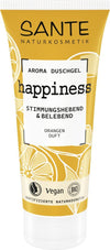 Sante Happiness Suihkugeeli; tuubi Sante Aroma Duschgel happiness -suihkugeeliä appelsiiniviipalein etiketissä, merkitty vegaaniseksi, luomusertifioiduksi ja mielialaa kohottavaksi virkistävällä appelsiinituoksulla; tuubi pääosin valkoinen ja oranssi mattapinnalla, pyöristetyt olkapäät ja pystyasento; luettavassa tekstissä lihavoitu groteskikirjasin; kuva suoraan edestä tasaista taustaa vasten; ei ihmisiä tai käsiä.
