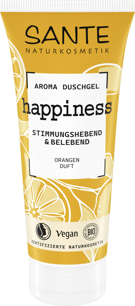 Sante Happiness Suihkugeeli; tuubi Sante Aroma Duschgel happiness -suihkugeeliä appelsiiniviipalein etiketissä, merkitty vegaaniseksi, luomusertifioiduksi ja mielialaa kohottavaksi virkistävällä appelsiinituoksulla; tuubi pääosin valkoinen ja oranssi mattapinnalla, pyöristetyt olkapäät ja pystyasento; luettavassa tekstissä lihavoitu groteskikirjasin; kuva suoraan edestä tasaista taustaa vasten; ei ihmisiä tai käsiä.