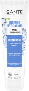 Sante Intense Hydration Hiusnaamio; tuubi normaaleille tai kuiville hiuksille tarkoitettua hyaluronilla ja ravitsevalla kolminkertaisella proteiinikompleksilla rikastettua 1 minuutin ihmenaamiota; pakkaus on valkoinen mattapinnalla sinisin vesikuplakuvituksin; vegaanisertifiointilogo näkyvissä; groteskitypografiaa eri painoin; tausta yksivärinen valkoinen, ei ihmisiä tai esineitä näkyvissä; kuva suoraan edestä.