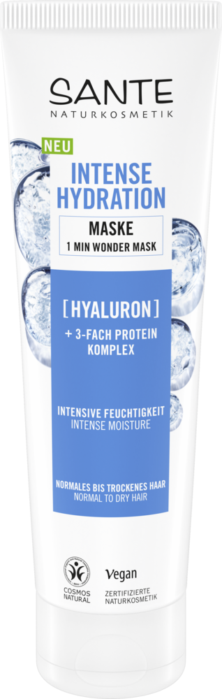 Sante Intense Hydration Hiusnaamio; tuubi normaaleille tai kuiville hiuksille tarkoitettua hyaluronilla ja ravitsevalla kolminkertaisella proteiinikompleksilla rikastettua 1 minuutin ihmenaamiota; pakkaus on valkoinen mattapinnalla sinisin vesikuplakuvituksin; vegaanisertifiointilogo näkyvissä; groteskitypografiaa eri painoin; tausta yksivärinen valkoinen, ei ihmisiä tai esineitä näkyvissä; kuva suoraan edestä.