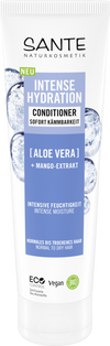 Sante Intense Hydration Hoitoaine; tuubi aaloe veralla ja mangouutteella, suunniteltu normaaleille tai kuiville hiuksille; tuubi on valkoinen mattapinnalla, esittää sinisiä vesikuplakuvituksia, tuotetiedot saksaksi ja rivin symboleja alaosassa; groteskitypografia; pakkaus pystyasennossa vaalealla taustalla, ei ihmisiä tai käsiä näkyvissä kuvassa.