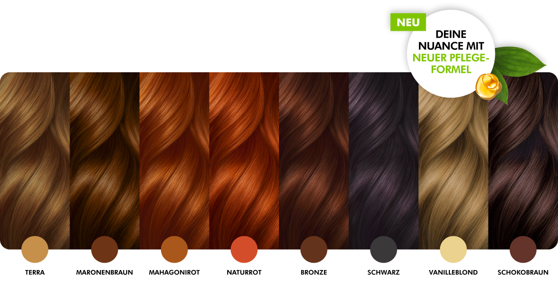 Sante Kasvihiusväri Natural Red; kahdeksan hiusvärinäytettä tummanruskeasta vaaleaan, merkitty Terra, Maronenbraun, Mahagonirot, Naturrot, Bronze, Schwarz, Vanilleblond ja Schokobraun; pakkaus mattapintainen selkein painetuin tekstein; typografia on lihavoitua ja helppolukuista; vihreässä etiketissä lukee "Neue Pflege-Formel" tehostettua hoitoa varten; neutraali tausta, ei ihmisiä tai käsiä näkyvissä.