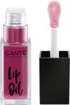 Sante Lip Oil Pink; kirkas suorakulmainen pullo vaaleanpunaista Sante-huuliöljyä, pehmeäkärkinen vaaleanpunainen siveltimen sauva vieressä; pakkaus kiiltävää muovia yksinkertaisin groteskitekstein etiketissä, jossa lukee Lip Oil ja SANTE NATURKOSMETIK; ei ihmisiä tai toimintaa; tausta yksinkertainen ja tasaisesti valaistu; lähikuva tuotteesta.