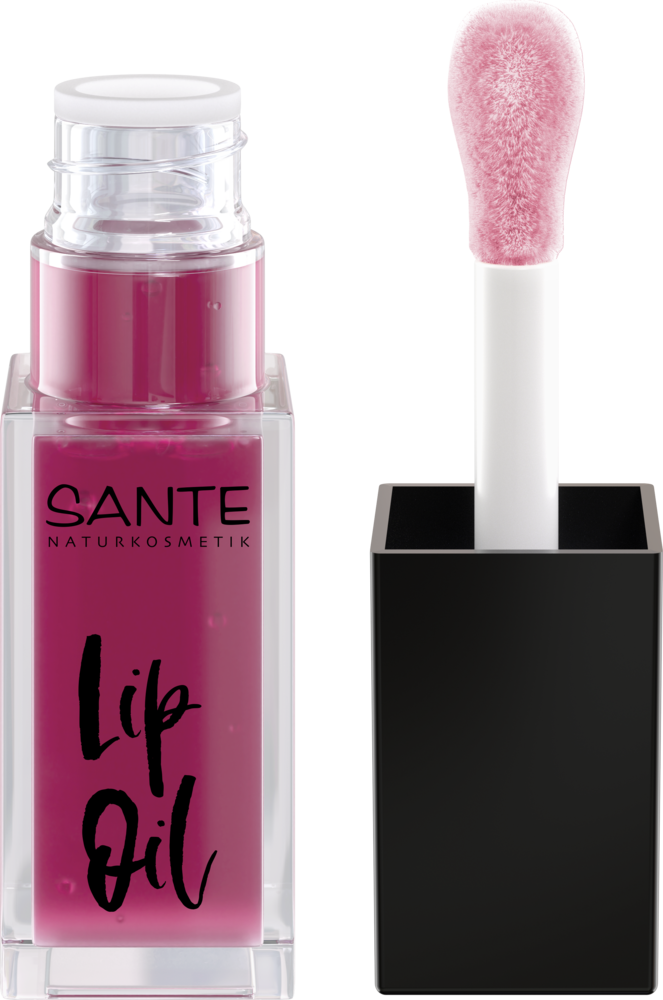 Sante Lip Oil Pink; kirkas suorakulmainen pullo vaaleanpunaista Sante-huuliöljyä, pehmeäkärkinen vaaleanpunainen siveltimen sauva vieressä; pakkaus kiiltävää muovia yksinkertaisin groteskitekstein etiketissä, jossa lukee Lip Oil ja SANTE NATURKOSMETIK; ei ihmisiä tai toimintaa; tausta yksinkertainen ja tasaisesti valaistu; lähikuva tuotteesta.