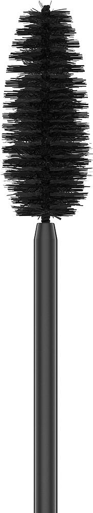 Sante Mademoiselle Sensitive Mascara; lähikuva mustasta ripsiväriharjasta tiheästi pakatuin harjaksin pystysuunnassa valkoista taustaa vasten, korostaen tarkkaa levitystä; harjassa lieriömäinen kahva ja synteettisen näköiset, hienot harjakset tiiviissä riveissä; kahvan viimeistely vaikuttaa mattapintaiselta; ei etikettitekstiä tai käsiä näkyvissä kuvassa.