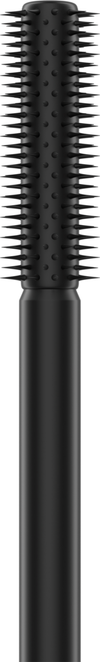 Sante Mini Makes Mega Mascara; musta ripsiväriharja lieriömäisellä sivellinosalla, peitetty lyhyin ja tasavälein aseteltuin harjaksin, jotka erottelevat ja muotoilevat ripsiä, pystyssä valkoista taustaa vasten; harjassa sileä musta kahva mattapinnalla; ei näkyvää pakkausta tai etikettitekstiä; asetelma yksinkertainen ilman muita esineitä tai ihmisiä kuvassa.