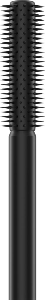 Sante Mini Makes Mega Mascara; musta ripsiväriharja lieriömäisellä sivellinosalla, peitetty lyhyin ja tasavälein aseteltuin harjaksin, jotka erottelevat ja muotoilevat ripsiä, pystyssä valkoista taustaa vasten; harjassa sileä musta kahva mattapinnalla; ei näkyvää pakkausta tai etikettitekstiä; asetelma yksinkertainen ilman muita esineitä tai ihmisiä kuvassa.