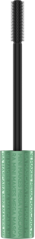 Sante Mini Makes Mega Mascara; tuubi ripsiväriä vihreällä kannella, jossa kohokuvioitu teksti, sekä musta harja lyhyin ja tasavälein harjaksin tarkkaa levitystä varten rohkeille ripsille; tuubi lieriömäinen ja kannen pinta vaikuttaa kiiltävältä; ainoa näkyvä typografia kannessa kohokuvioituna kirjoituksena; ei ihmisiä tai käsiä; tausta yksinkertainen ja siisti, todennäköisesti valkoinen tai vaalea.