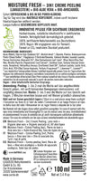 Sante Moisture Fresh 3 in 1 Kuorintavoide; etiketti ihonhoitotuotteelle Moisture Fresh 3in1 Creme Peeling, teksti saksaksi ja ranskaksi, ainesosaluettelo, käyttöohjeet ja tuotetiedot; pakkaus on valkoinen tuubi mattapinnalla pyöristetyin reunoin; musta groteskitypografia pääotsikoissa, pienempi teksti yksityiskohdille; sertifiointikuvakkeet ja viivakoodi alaosassa; tausta puhtaan valkoinen, ei ihmisiä tai toimintaa näkyvissä.