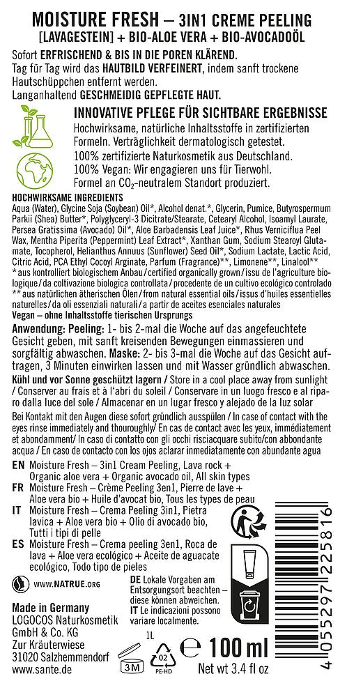Sante Moisture Fresh 3 in 1 Kuorintavoide; etiketti ihonhoitotuotteelle Moisture Fresh 3in1 Creme Peeling, teksti saksaksi ja ranskaksi, ainesosaluettelo, käyttöohjeet ja tuotetiedot; pakkaus on valkoinen tuubi mattapinnalla pyöristetyin reunoin; musta groteskitypografia pääotsikoissa, pienempi teksti yksityiskohdille; sertifiointikuvakkeet ja viivakoodi alaosassa; tausta puhtaan valkoinen, ei ihmisiä tai toimintaa näkyvissä.