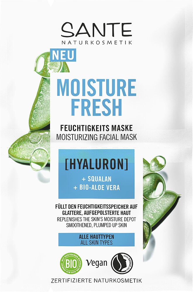 Sante Moisture Fresh Kasvonaamio; SANTE Moisture Fresh -kosteuttava kasvonaamiopussi, jossa kuvia aaloe verasta; sisältää hyaluronia, skvalaania ja luomu-aaloe veraa, sopii kaikille ihotyypeille; vegaani- ja luomusertifioitu, pakkaus valkoisella taustalla sini-vihrein korostein; suorakulmainen mattapintainen pussi lihavoidulla groteskikirjasimella tuotenimessä, tuotetiedot pienemmällä tekstillä; ei ihmisiä näkyvissä.