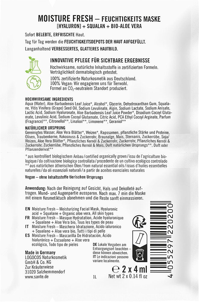 Sante Moisture Fresh Kasvonaamio; kosmeettisen tuotepussin takaosa merkitty Moisture Fresh, esittää ainesosaluettelon, käyttöohjeet ja symbolit eläinkokeettomuudesta, vegaanisuudesta ja kierrätyksestä; teksti sekä saksaksi että englanniksi; viivakoodi alaoikealla; vegaaninen kaava on suunniteltu pitkäkestoiseen kosteutukseen; suorakulmainen mattapintainen pussi painettuine groteskitekstein; valkoinen tausta, ei näkyviä ihmisiä tai käsiä.