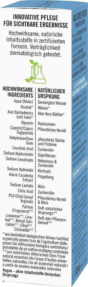 Sante Moisture Fresh Kasvoseerumi; lasipullo sylinterinmuotoisena, 30 ml:n koko merkittynä etikettiin; mattavalkoinen etiketti mustalla groteskitekstillä saksaksi ja englanniksi; ainesosat ja ominaisuudet listattu, osa termeistä lihavoituna; tuotetyyppi on ihonhoitoseerumi; etiketissä käyttöohjeet ja ainesosien läpinäkyvyystiedot; tausta yksivärinen studiotausta, ei ihmisiä tai käsiä näkyvissä.