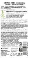 Sante Moisture Fresh Puhdistusgeeli; etiketti 100 ml:n puhdistusgeelille hyaluronilla, skvalaanilla ja luomu-aaloe veralla; pullo on sylinterinmuotoinen muovia mattavalkoisella pinnalla; etiketissä mustaa groteskitekstiä eri kirjasinkoin valkoisella pohjalla; ainesosat, käyttöohjeet ja tuoteominaisuudet kuvattu saksaksi; ei ihmisiä tai käsiä näkyvissä; neutraali tausta, keskikokoinen lähikuva.