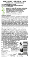 Plastic tube with a matte finish, white body and blue printed text. Rectangular shape with rounded edges, standard cap. Sans-serif typography in bold for product name. Label of a skincare product called PORE CONTROL – 5IN1 PEELING & MASKE in German, listing ingredients such as nourishing extracts and botanicals. Highlights product benefits for clear, refined skin texture and minimized pores. Includes usage instructions for optimal results, certifications confirming dermatological safety, and detailed