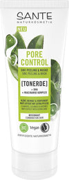 Sante Pore Control 5 in 1 Kuorinta & Kasvonaamio; tuubi 5-in-1-kuorintaa ja naamiota BHA-hapolla ja niasiiniamidikompleksilla; tuubi on valkoinen mattapinnalla, koristeltu painetuin vihrein lehtikuvituksin; suurin osa etikettitekstistä käyttää groteskikirjasinta mustana ja vihreänä; vegaani kaava ja sopivuus sekaiholle mainitaan pakkauksessa; ei ihmisiä tai käsiä näkyvissä, tuote kuvattu yksivärisellä taustalla.