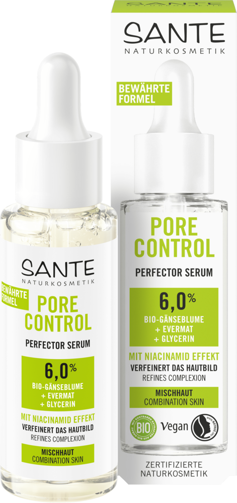 Sante Pore Control Kasvoseerumi; SANTE Pore Control Perfector Serum kirkkaassa sylinterinmuotoisessa tiputinpullossa valkoisella korkilla, viereen aseteltu vastaava suorakulmainen laatikko; molemmissa painettua tekstiä ainesosista: 6 % luomu-voikukka, illanruusu, glyseriini, niasiiniamidi; mainitsee vegaanisuuden ja sertifioidun luonnonkosmetiikan sekaiholle; groteskikirjasimia; valkoinen tausta, ei ihmisiä tai käsiä näkyvissä.