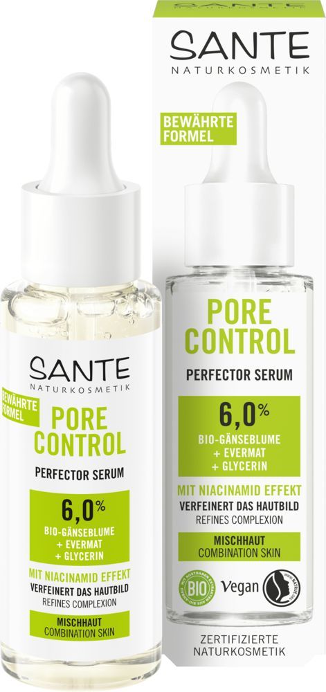 Sante Pore Control Kasvoseerumi; SANTE Pore Control Perfector Serum kirkkaassa sylinterinmuotoisessa tiputinpullossa valkoisella korkilla, viereen aseteltu vastaava suorakulmainen laatikko; molemmissa painettua tekstiä ainesosista: 6 % luomu-voikukka, illanruusu, glyseriini, niasiiniamidi; mainitsee vegaanisuuden ja sertifioidun luonnonkosmetiikan sekaiholle; groteskikirjasimia; valkoinen tausta, ei ihmisiä tai käsiä näkyvissä.
