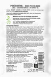 Back of a Sante Pore Control Micro-Peeling Face Mask packet, displaying product description, usage instructions, and a detailed list of ingredients in German. Also features the bar code, recycling symbols, and highlights the mask’s pore control benefits. Rectangular sachet with matte finish; mostly white with teal and gray accents; dense black sans-serif text over most of the surface. No people or hands visible. Shot is tightly focused on the flat-laid packet against a plain background.