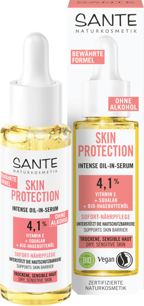 Sante Skin Protection Kasvoseerumi; pullo ja laatikko SANTE Skin Protection -intensiiviöljyseerumia 4,1 % E-vitamiinilla, skvalaanilla ja luomu-tyrniöljyllä; pullo on sylinterinmuotoinen valkoisella etiketillä ja pumppuannostelijalla; sekä laatikossa että pullossa lukee "ohne Alkohol", "Vegan" ja "Sensitive skin"; pakkausvärit ovat valkoinen, keltainen ja punainen mattapinnalla; ei ihmisiä tai käsiä näkyvissä; neutraali tausta, suoraviivainen tuotekuva.