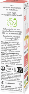 Sante Skin Protection Kasvoseerumi; pullo saksankielisin tekstein, jotka kuvaavat vegaanisuutta, eläinystävällisyyttä ja ekologista pakkausta, käyttöohjeet ja yritysyhteystiedot; valkoinen sylinterinmuotoinen muovipullo mattapinnalla ja valkoisella läppäkorkilla; musta groteskikirjasin etiketissä; kuvattu yksivärisellä valkoisella taustalla; ei ihmisiä tai käsiä näkyvissä kuvassa.