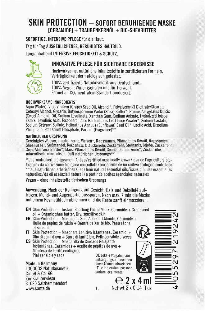 Sante Skin Protection Rauhoittava Kasvonaamio; ihonhoitonaamiopussin takaosa tuotetiedoin, käyttöohjein ja yksityiskohtaisin ainesosaluetteloin usealla kielellä; pussi on suorakulmainen mattapinnalla neutraalein värein; groteskiteksti painettu mustana ja harmaana lihavoiduin osio-otsikoin; ei ihmisiä tai käsiä näkyvissä; yksivärinen tausta; teksti korostaa keramideja, rypäleensiemenöljyä ja sheavoita tehohoitoon; niasiiniamidi mainitaan myös kirkastavien hyötyjensä ansiosta.