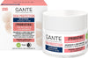 Sante Skin Protection Yövoide; purkki ja laatikko yövoidetta, merkitty kuivalle, herkälle iholle probiooteilla, luomu-inca inchi -öljyllä ja sheavoilla; molemmat astiat ovat pääosin valkoisia mattapinnalla; korostevärit ovat vaaleanpunainen ja sininen; pakkauksessa groteskitypografiaa eri painoin; esineet kuvattu tasaisella pinnalla ilman ihmisiä tai taustaelementtejä.