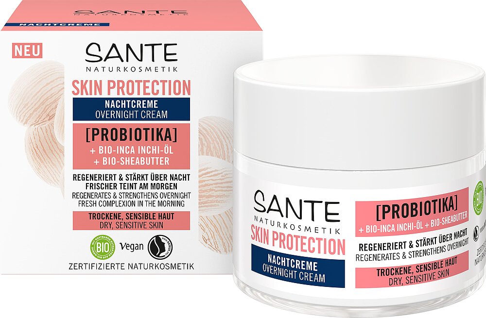 Sante Skin Protection Yövoide; purkki ja laatikko yövoidetta, merkitty kuivalle, herkälle iholle probiooteilla, luomu-inca inchi -öljyllä ja sheavoilla; molemmat astiat ovat pääosin valkoisia mattapinnalla; korostevärit ovat vaaleanpunainen ja sininen; pakkauksessa groteskitypografiaa eri painoin; esineet kuvattu tasaisella pinnalla ilman ihmisiä tai taustaelementtejä.