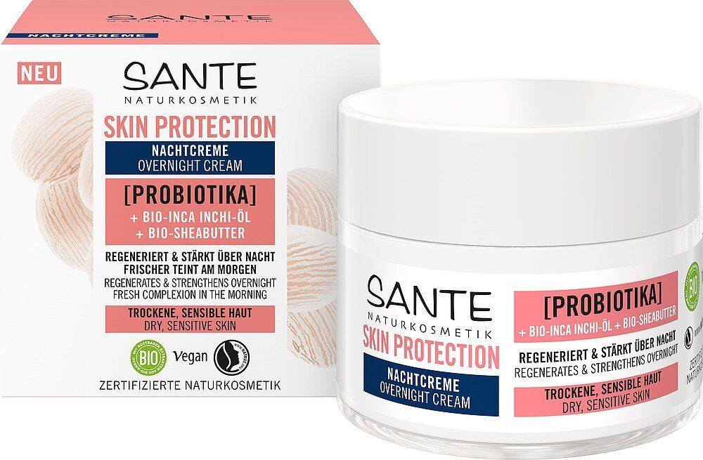 Sante Skin Protection Yövoide; purkki ja laatikko yövoidetta, merkitty kuivalle, herkälle iholle probiooteilla, luomu-inca inchi -öljyllä ja sheavoilla; molemmat astiat ovat pääosin valkoisia mattapinnalla; korostevärit ovat vaaleanpunainen ja sininen; pakkauksessa groteskitypografiaa eri painoin; esineet kuvattu tasaisella pinnalla ilman ihmisiä tai taustaelementtejä.