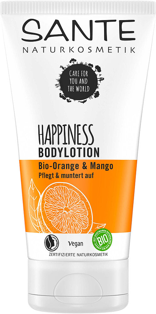 Sante Vartalovoide Happiness; tuubi vartalovoidetta luomu-appelsiini- ja mangotuoksuna, esittää appelsiiniviipalekuvion ja vegaanisertifiointimerkinnät pakkauksessa; tuubi seisoo pystyssä, pääosin valkoinen oranssein korostein, mattapintaista muovia lihavoidulla groteskitekstillä; kuva yksivärisellä taustalla, ei ihmisiä tai muita esineitä näkyvissä.