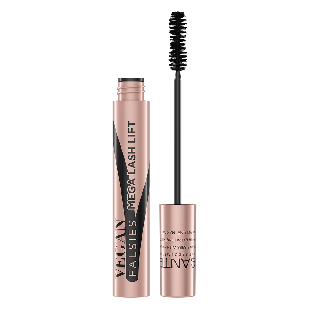 Sante Vegan Falsies Mascara; rosecultainen ripsivärituubi tekstillä Vegan Falsies Mega Lash Lift seisoo avattuna, musta eläinkokeeton ripsiväriharja vieressä, molemmat valkoisella taustalla; tuubi lieriömäinen ja metallinen kiiltäväpinnalla; etikettitekstissä lihavoitu groteskifontti mustana ja sinivihreänä; ei ihmisiä tai käsiä; kuva keskitetty ja suoraviivainen.