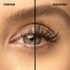 Sante Vegan Falsies Mascara; lähikuva silmästä, jaettu mustalla pystysuoralla viivalla; vasen puoli, merkitty Vorher, näyttää lyhyet ja suorat ripset, oikea puoli, merkitty Nachher, näyttää selvästi pidemmät, kiharemmat ja tiheämmät ripset; tausta neutraali ja tasaisesti valaistu; merkinnät yksinkertaisella groteskifontilla kummankin silmänpuolen yläpuolella.