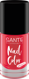 Sante Kynsilakka; pullo Sante Naturkosmetik -vegaanista kynsilakkaa eloisan vaaleanpunaisessa sävyssä, musta kansi ja valkoinen etikettiteksti; pullo lieriömäinen sileällä kiiltäväpinnalla; etiketissä yksinkertaista groteskifonttia brändille ja tuotetiedoille; ei ihmisiä tai käsiä; tavanomainen yksittäinen tuotekuva.