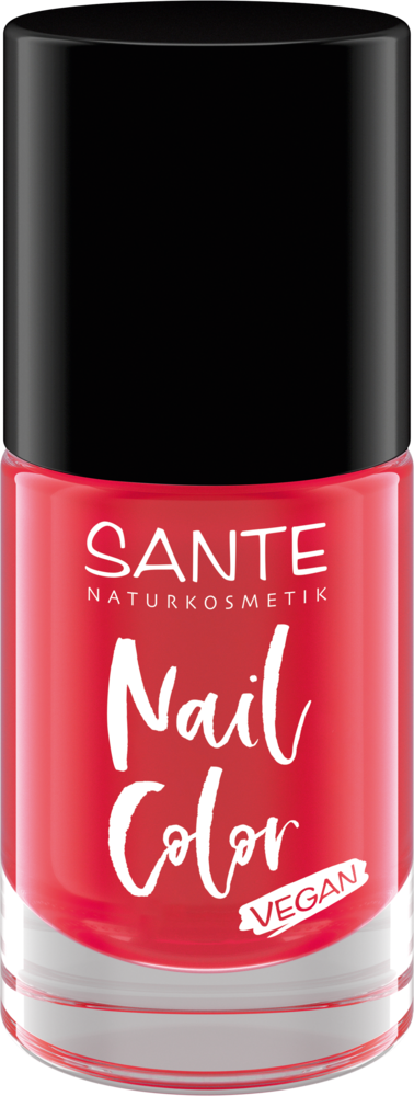 Sante Kynsilakka; pullo Sante Naturkosmetik -vegaanista kynsilakkaa eloisan vaaleanpunaisessa sävyssä, musta kansi ja valkoinen etikettiteksti; pullo lieriömäinen sileällä kiiltäväpinnalla; etiketissä yksinkertaista groteskifonttia brändille ja tuotetiedoille; ei ihmisiä tai käsiä; tavanomainen yksittäinen tuotekuva.