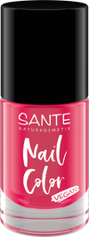 Sante Kynsilakka; pullo Sante Naturkosmetik Nail Color -kynsilakkaa kirkkaan vaaleanpunaisena mustalla kannella; säiliö lieriömäinen sileine kiiltäväpintoineen; etiketissä sanat Nail Color ja Vegan valkoisella groteskitypografialla; tuote kuvattu vaaleaa taustaa vasten, ei ihmisiä tai käsiä kuvassa.