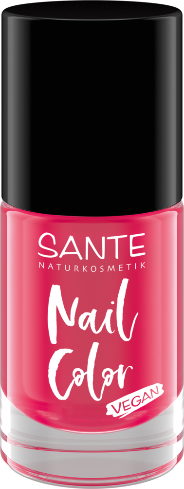 Sante Kynsilakka; pullo Sante Naturkosmetik Nail Color -kynsilakkaa kirkkaan vaaleanpunaisena mustalla kannella; säiliö lieriömäinen sileine kiiltäväpintoineen; etiketissä sanat Nail Color ja Vegan valkoisella groteskitypografialla; tuote kuvattu vaaleaa taustaa vasten, ei ihmisiä tai käsiä kuvassa.