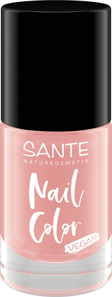 Sante Kynsilakka; vaaleanpunainen pullo Sante Naturkosmetik -vegaanista kynsilakkaa mustalla lieriömäisellä kannella; pullo kiiltäväpintainen, lyhyt ja pyöreähkö muoto, todennäköisesti lasia tai muovia; etuetiketissä Nail Color ja VEGAN isoin kirjaimin, lihavoituna valkoisena groteskitekstinä; tuote yksin neutraalilla taustalla ilman muita esineitä.