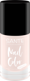 Sante Kynsilakka; pullo Sante Naturkosmetik -vegaanista kynsilakkaa, musta kansi ja vaaleanpunainen lakka sisällä; suorakaiteen muotoinen lasipullo kiiltäväpinnalla, valkoista groteskitekstiä etiketissä; etiketissä lukee Nail Color ja Vegan; ei ihmisiä tai käsiä; tausta yksinkertainen ja tekstuuriton; tuote kuvattu suoraan edestä keskitettynä.