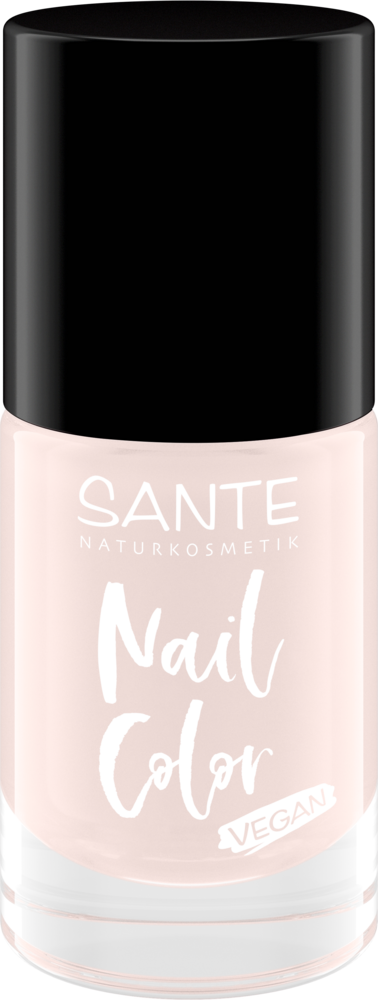 Sante Kynsilakka; pullo Sante Naturkosmetik -vegaanista kynsilakkaa, musta kansi ja vaaleanpunainen lakka sisällä; suorakaiteen muotoinen lasipullo kiiltäväpinnalla, valkoista groteskitekstiä etiketissä; etiketissä lukee Nail Color ja Vegan; ei ihmisiä tai käsiä; tausta yksinkertainen ja tekstuuriton; tuote kuvattu suoraan edestä keskitettynä.