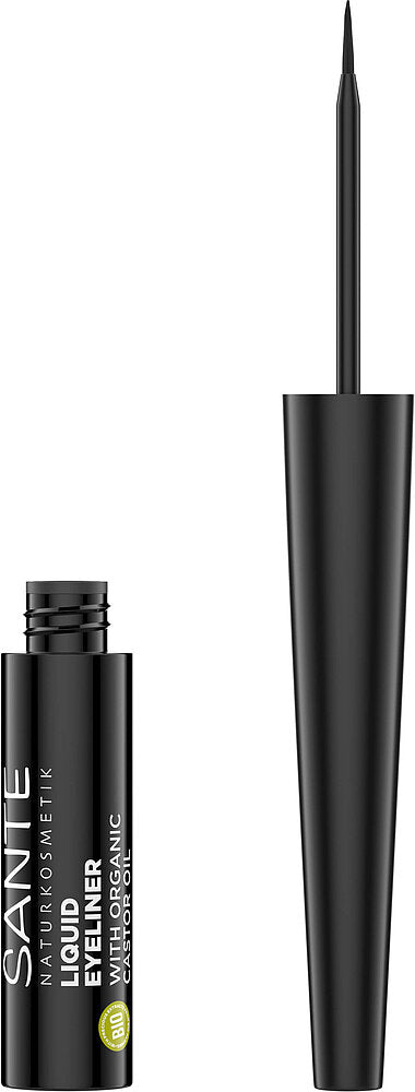 Sante Nestemäinen Eyeliner; musta Sante-nestemäisen rajauskynän tuubi seisoo pystyssä korkki ja applikaattorisauva irrotettuina; pakkaus sylinterin muotoinen mattapinnalla; valkoinen groteskiteksti etiketissä sisältää brändinimen ja maininnan luomurisiiniöljystä ja luonnonkosmetiikasta; tuote kuvattu valkoista taustaa vasten; ei ihmisiä tai muita esineitä kuvassa.