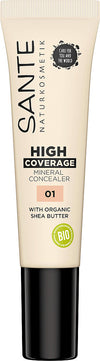 Sante Peitevoide; tuubi Sante Naturkosmetik High Coverage Mineral Concealer 01 -peitevoidetta luomu-shea-voilla ja ravitsevin mineraalein; pakkaus beigeä muovia sileällä mattapinnalla, mustaa groteskitekstiä ja kiiltävä musta korkki; pyöreä BIO-sertifiointimerkki näkyvissä tuubissa; tuote kuvattu yksinään valkoisella taustalla tasaisessa valaistuksessa.