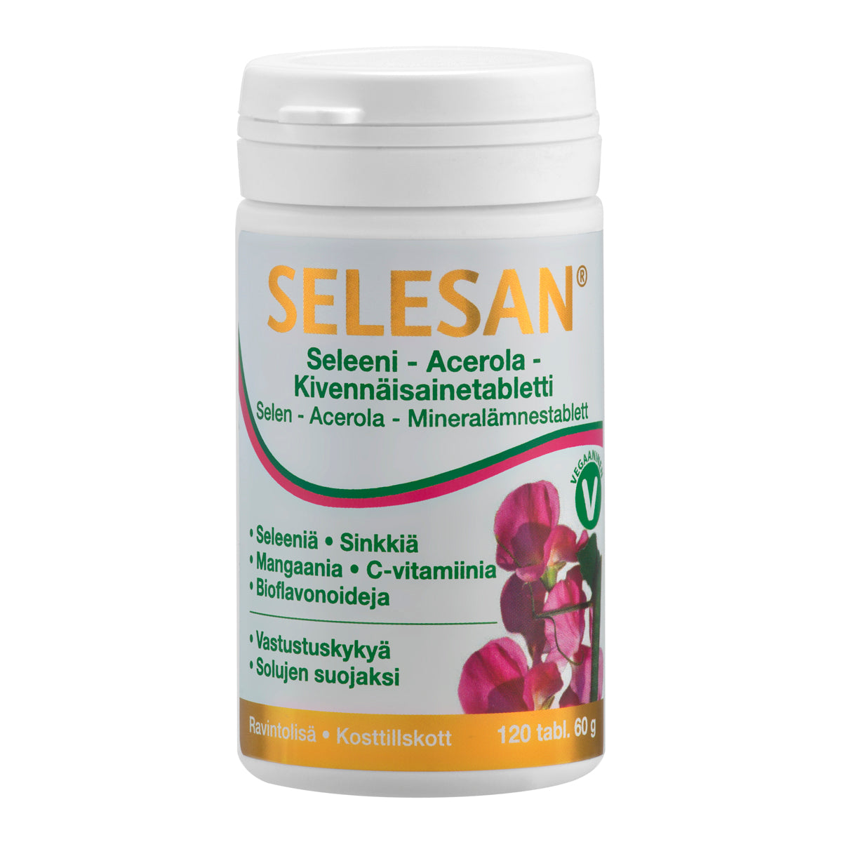 Selesan-purkki, valkoinen muovipullo, etiketissä vihreä-violetti teksti; ainesosina mainitaan seleeni, acerola, C-vitamiini ja tärkeitä kivennäisaineita; pullo sylinterimäinen ja mattapintainen, etiketissä pieniä vaaleanpunaisia kukkakuvioita sekä vegaanimerkki; ei ihmisiä eikä käsiä näkyvissä, tausta yksinkertainen ja siisti.