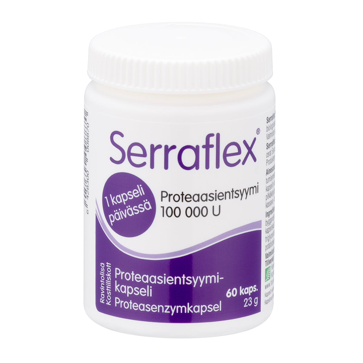 Serraflex: valkoinen sylinterimäinen muovipurkki violetein korostuksin ja valkoisella kierrekorkilla, sisältää 60 proteaasientsyymikapselia (100 000 U); mattapinta; etiketissä groteskiteksti suomeksi ja ruotsiksi tuotteesta ja annostuksesta; purkki seisoo pystyssä neutraalia taustaa vasten, ei ihmisiä tai toimintaa kuvassa.