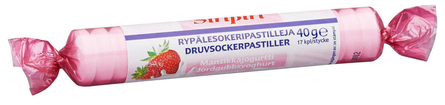 A roll of strawberry yogurt-flavored glucose pastilles wrapped in pink and white glossy packaging with a printed image of a strawberry; cylindrical shape. The label features clear product name text in bold lettering and some smaller detail text. The surface is smooth, and there are no people or hands visible. The background is plain and uncluttered.
