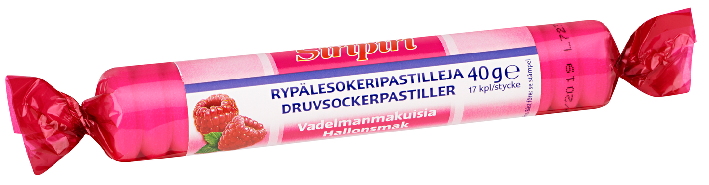 Siripiri Glukoosipastilli Vadelma, sylinterimäinen pinkki-punainen karkkipakkaus suomeksi ja ruotsiksi, kuvituksena vadelmia ja teksti "17 vadelmanmakuista glukoosipastillia"; pakkaus kiiltävää paperia tai muovia; vadelmia kuvitettuna keskellä; lihavoitu groteskityyppi valkoisin ja pinkein sävyin; tuote kuvattu valkoista taustaa vasten, ei ihmisiä eikä muita esineitä näkyvissä.