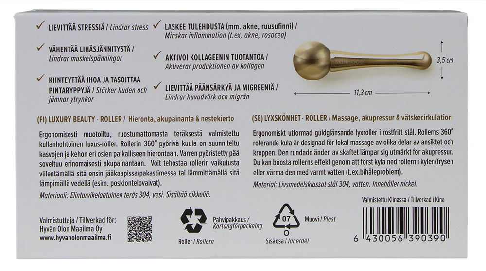 Kasvorullan pakkaus suomen- ja ruotsinkielisellä tekstillä, tuoteominaisuuksin, käyttöohjein ja viivakoodilla; pakkauksessa esitellään kultaisenvärinen rullatyökalu, jonka mitat on merkitty: 3,5 cm rullapää ja 11,3 cm kokonaispituus tarkkaan kasvohierontaan; suorakaiteen muotoinen laatikko kiiltäväpinnalla, valkoinen tausta, selkeä tuotekuva, groteskikirjasin kaikessa näkyvässä tekstissä; ei ihmisiä tai rekvisiittaa kuvassa.