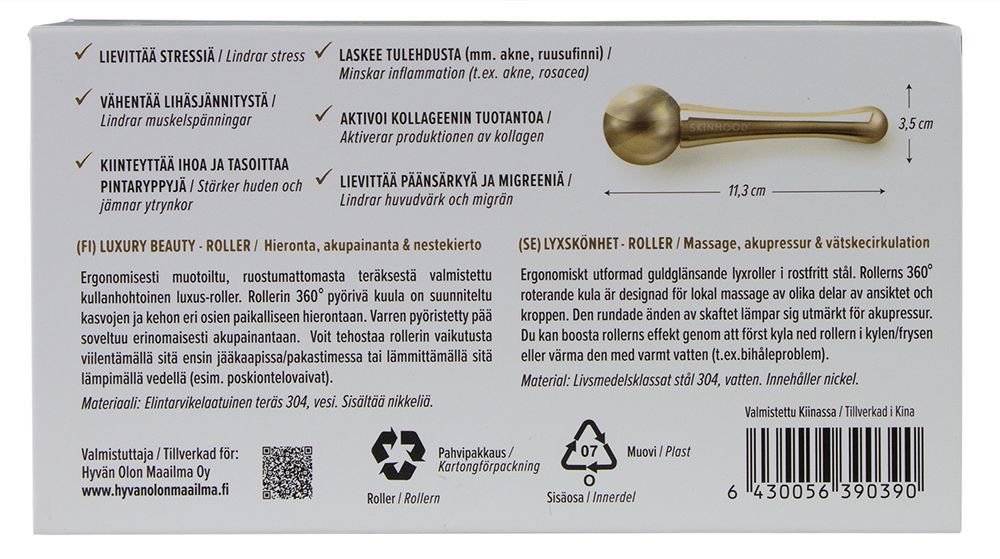 Kasvorullan pakkaus suomen- ja ruotsinkielisellä tekstillä, tuoteominaisuuksin, käyttöohjein ja viivakoodilla; pakkauksessa esitellään kultaisenvärinen rullatyökalu, jonka mitat on merkitty: 3,5 cm rullapää ja 11,3 cm kokonaispituus tarkkaan kasvohierontaan; suorakaiteen muotoinen laatikko kiiltäväpinnalla, valkoinen tausta, selkeä tuotekuva, groteskikirjasin kaikessa näkyvässä tekstissä; ei ihmisiä tai rekvisiittaa kuvassa.